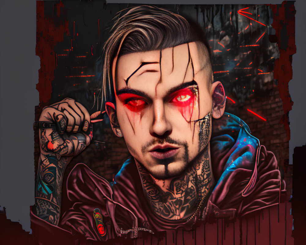 Tattooed man with glowing eyes in stylized portrait