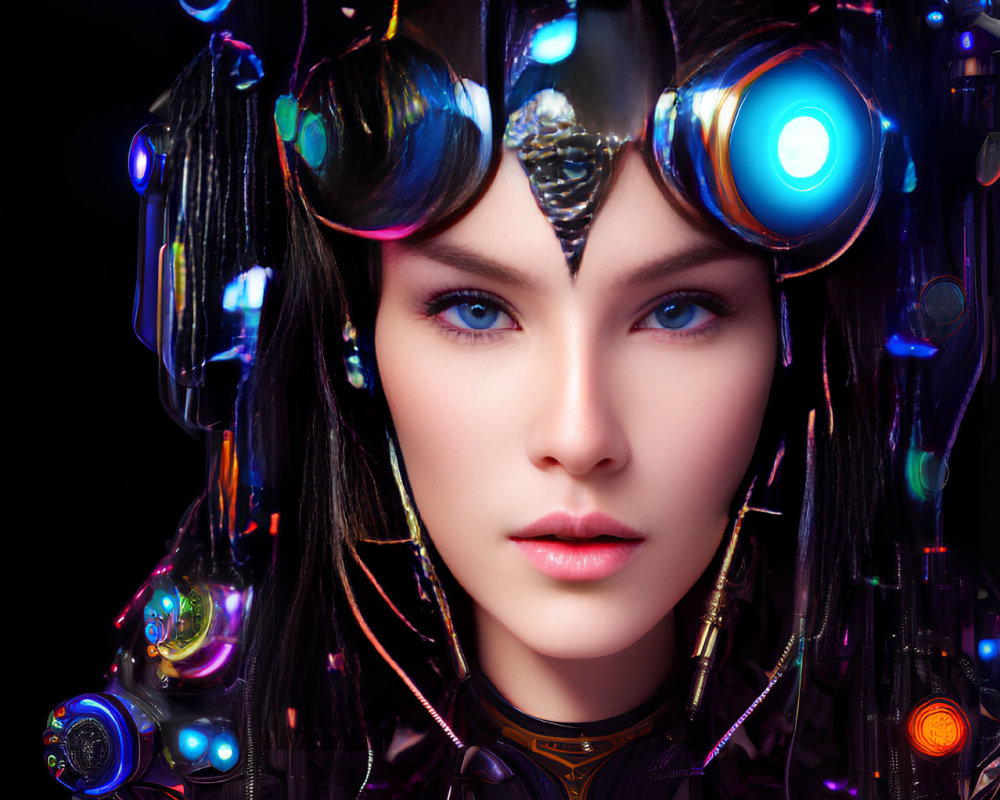 Futuristic female with cybernetic enhancements and complex mechanical headdress on dark background