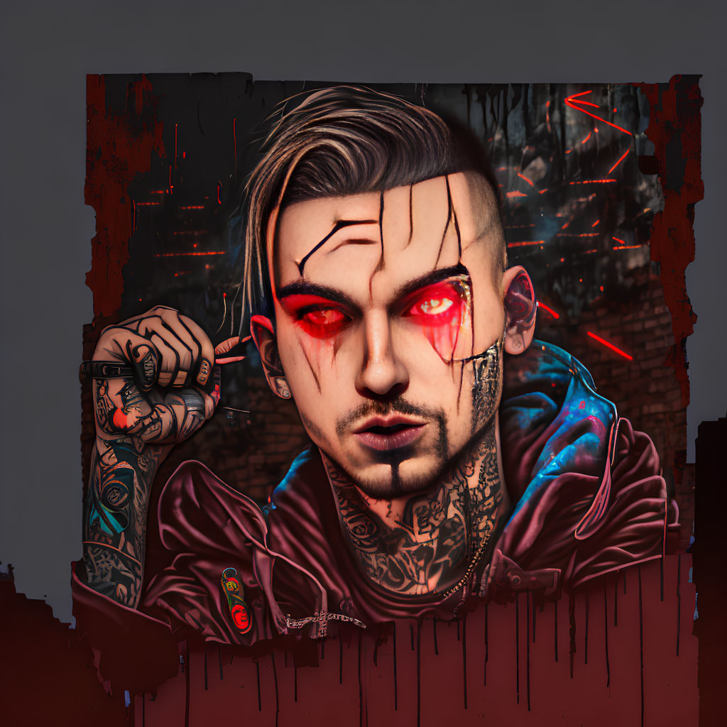 Tattooed man with glowing eyes in stylized portrait