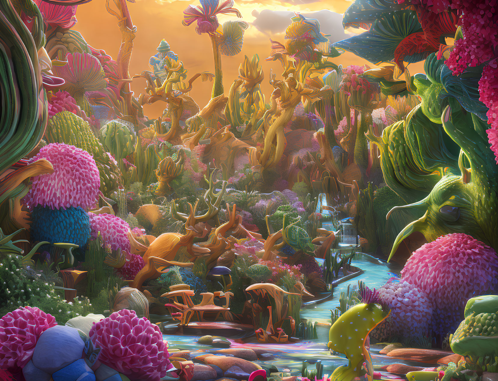 Colorful alien-like flora and fauna in vibrant, fantastical landscape