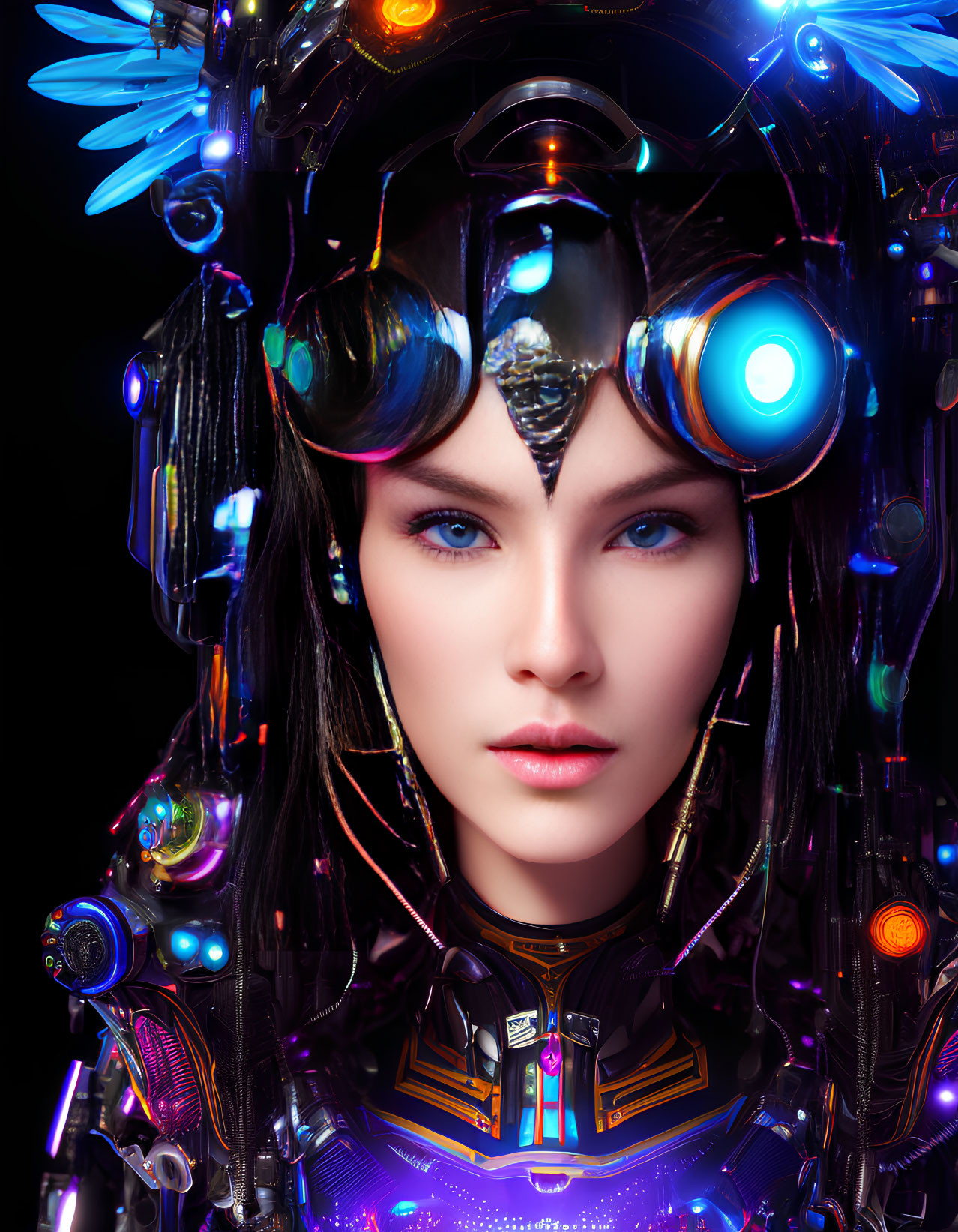 Futuristic female with cybernetic enhancements and complex mechanical headdress on dark background