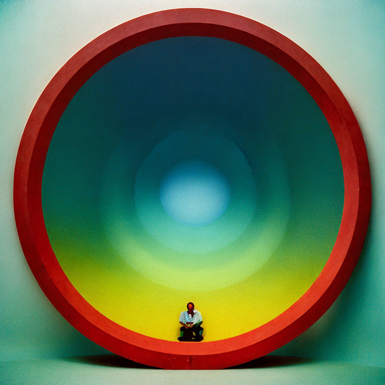 Colorful concentric rings sculpture with person sitting at base