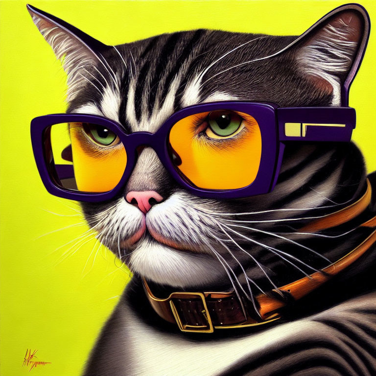 Stylized digital artwork: Cat with yellow eyes, purple glasses, brown collar