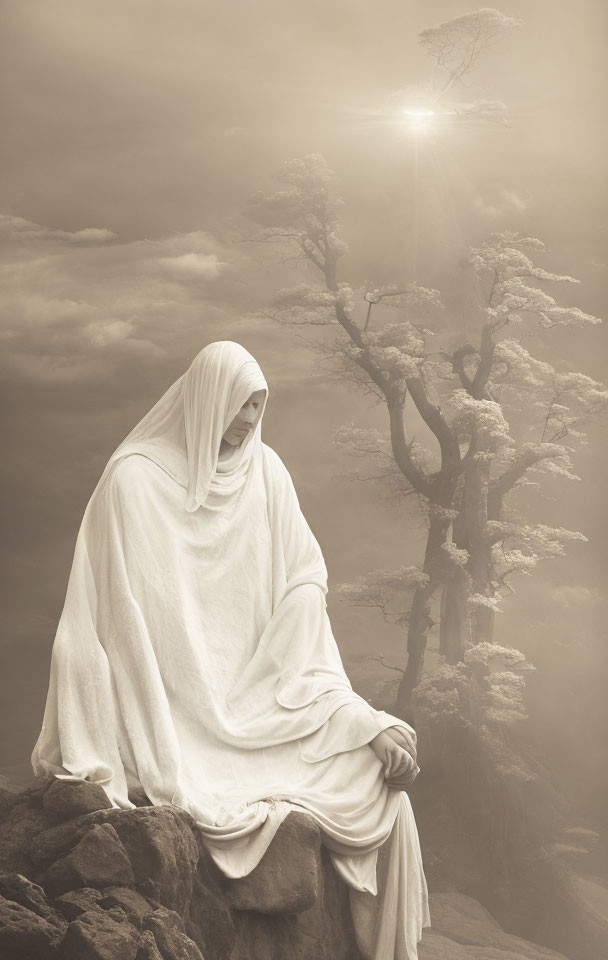 Robed Figure Sitting on Rocky Outcrop with Tree in Misty Background