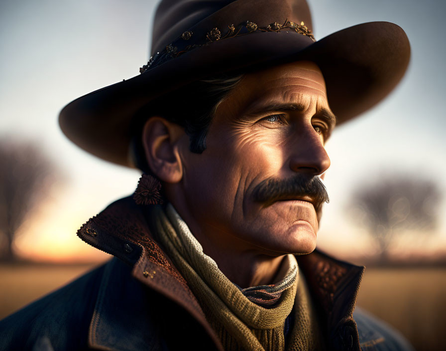 Pensive man in cowboy hat and leather jacket against sunset backdrop