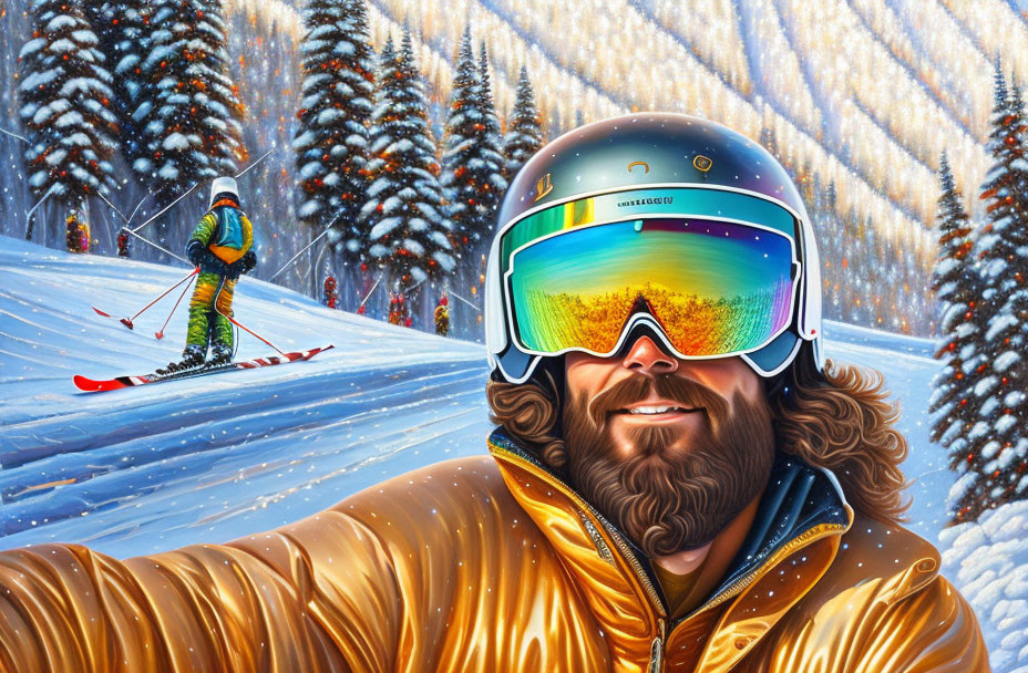 Bearded person in ski goggles with snowscape and skier.