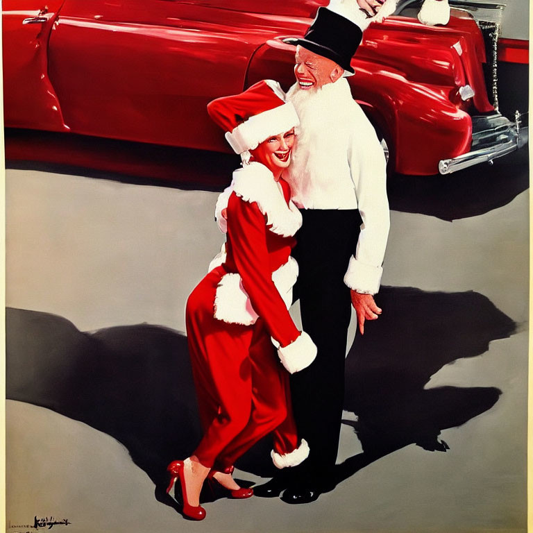 Festive Couple in Santa Claus and Formal Attire Laughing by Red Car