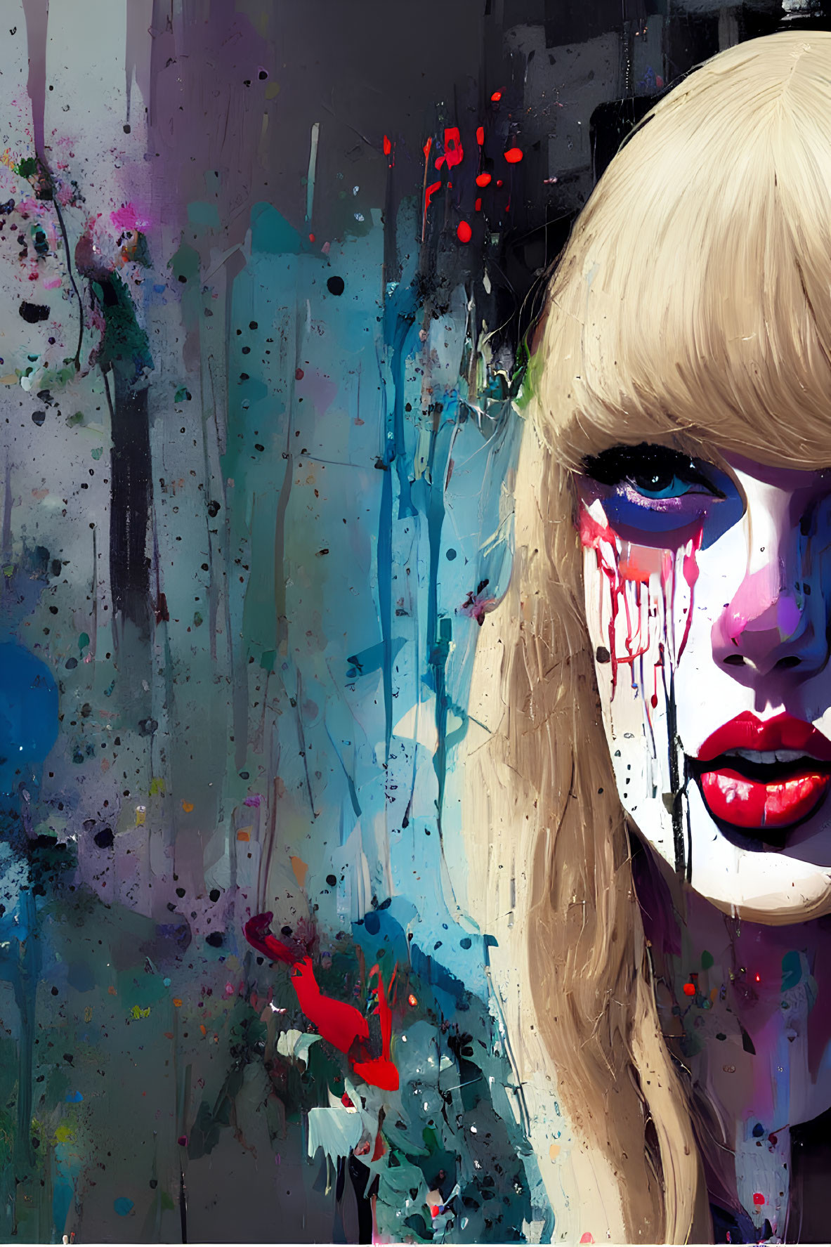 Vibrant abstract portrait of a woman with bold makeup and tears on paint backdrop