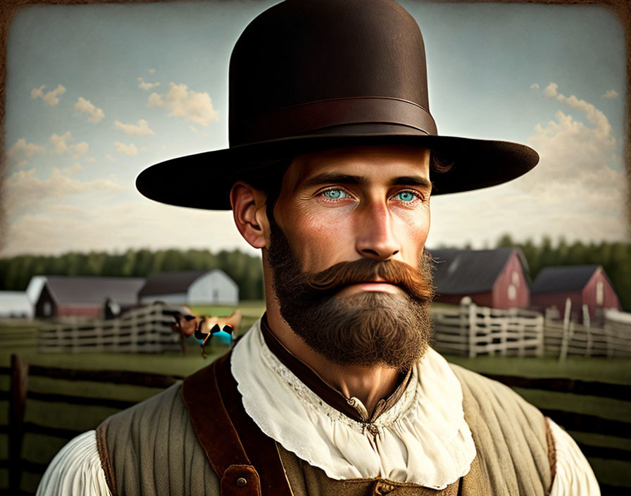 Man with Prominent Mustache and Beard in Wide-Brimmed Hat on Rustic Farm Scene