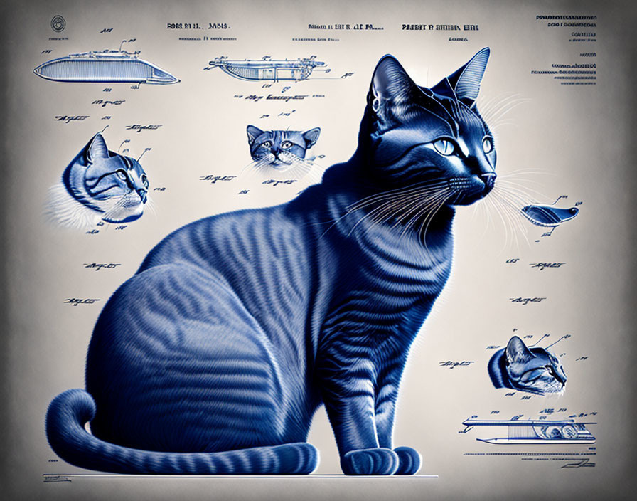 Detailed Vintage Blueprint Illustration of Siamese Cat Anatomy