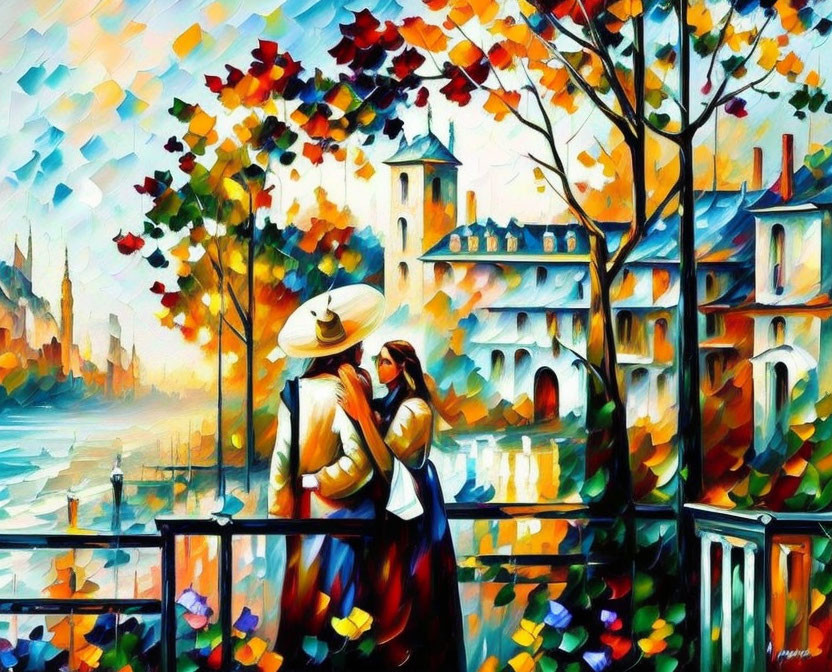 Vibrant Impressionist Painting of Couple Embracing with Autumnal Tree