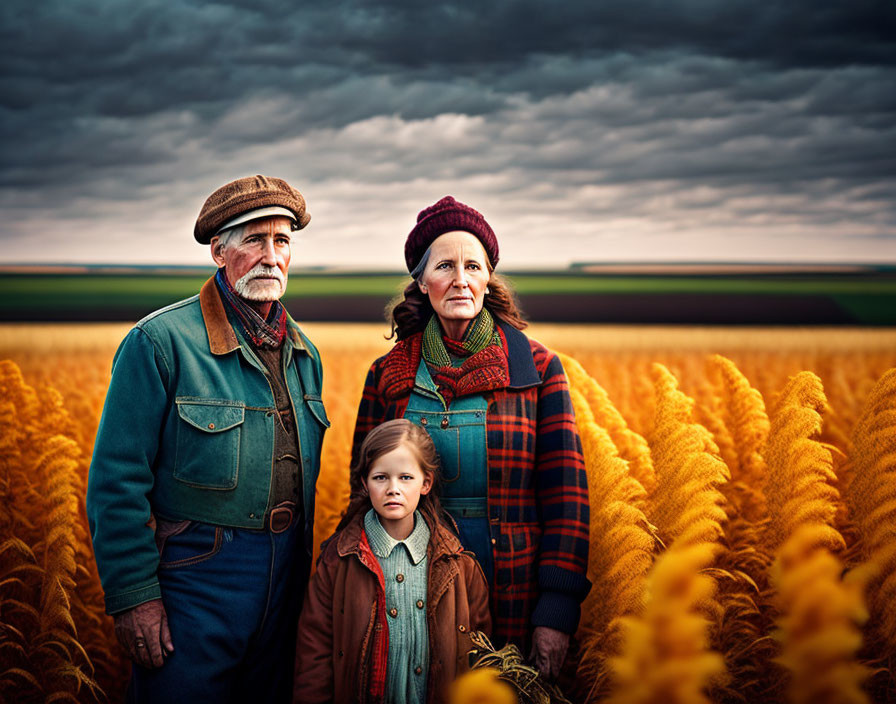 Elderly couple and young child in wheat field under dramatic sky