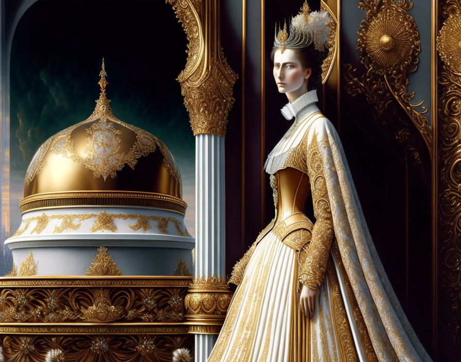 Regal woman in gold-adorned gown near gilded dome & lavish architecture