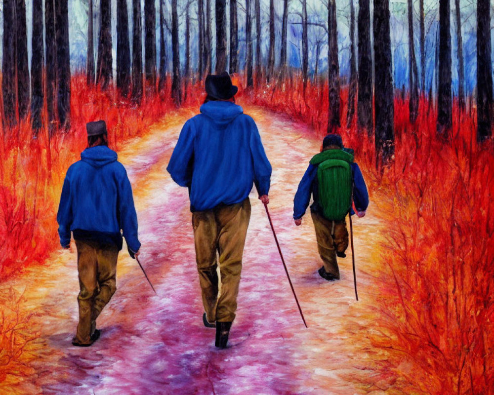 Three hikers in blue and green jackets walk among autumn foliage and bare trees