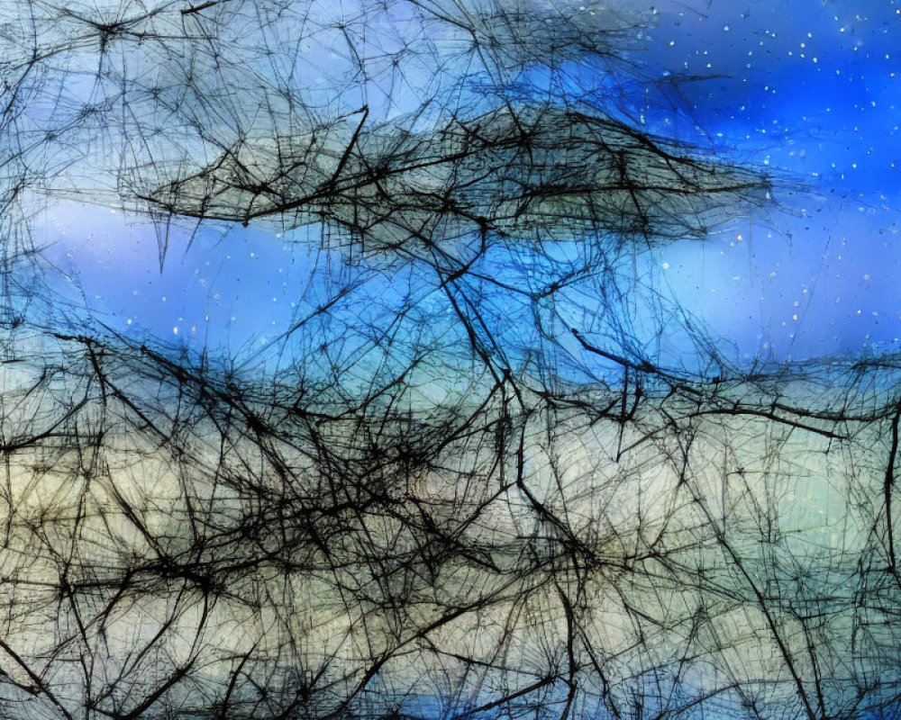 Abstract black line web over blurred blue starry night sky