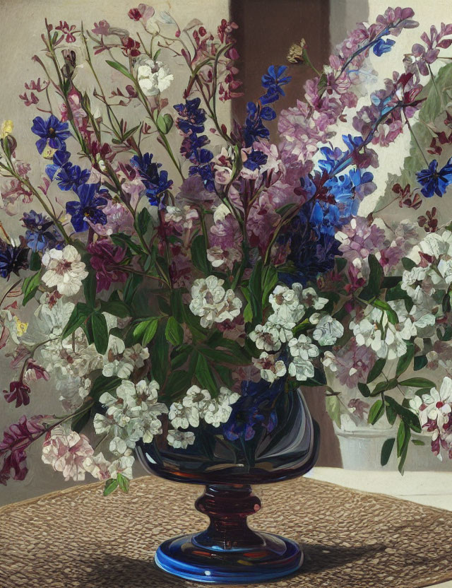 Colorful Flower Bouquet in Blue Glass Vase on Textured Tabletop