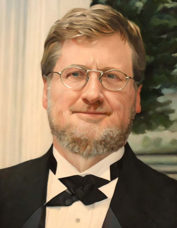 Man in Glasses with Beard in Tuxedo Portrait Against Blurred Tree Background