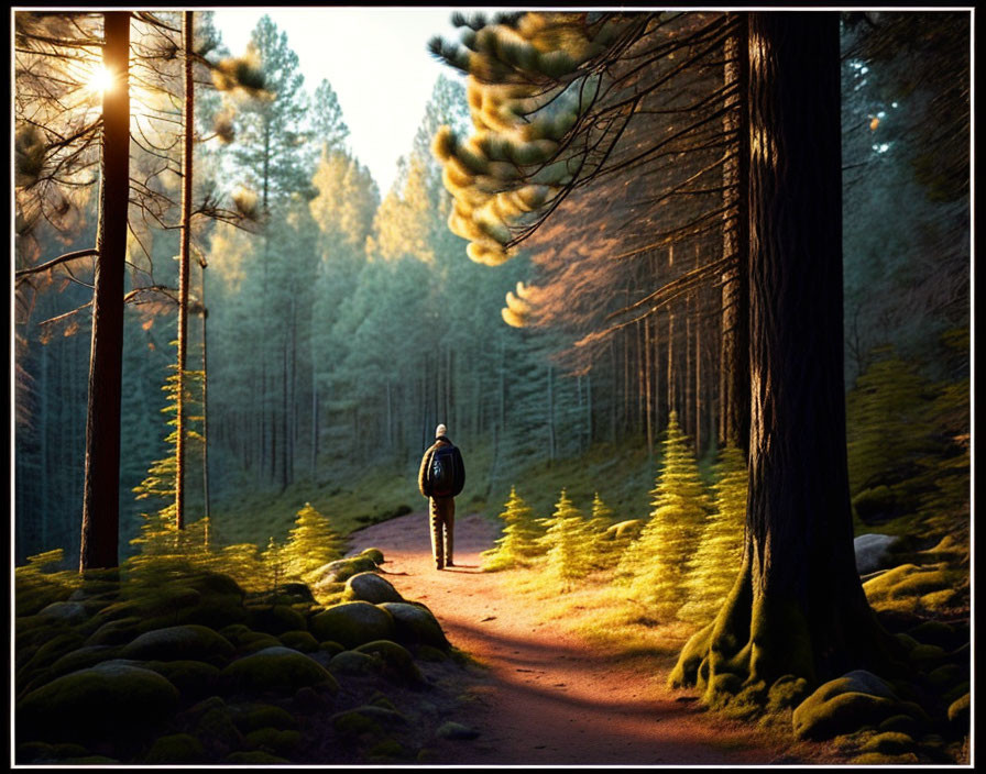 Serene forest path with sunbeams and mossy ground