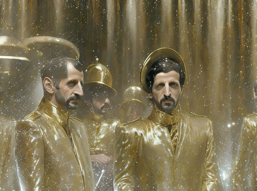 Men in Golden Outfits and Helmets on a Shiny Background