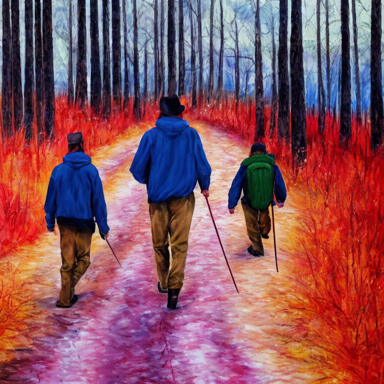 Three hikers in blue and green jackets walk among autumn foliage and bare trees