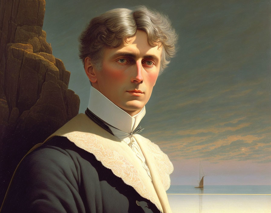 Young man in black coat by sea with ship and cliffs