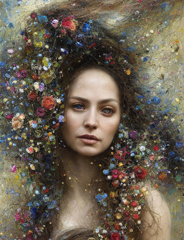 Colorful Floral and Bejeweled Hair Artwork of Serene Woman