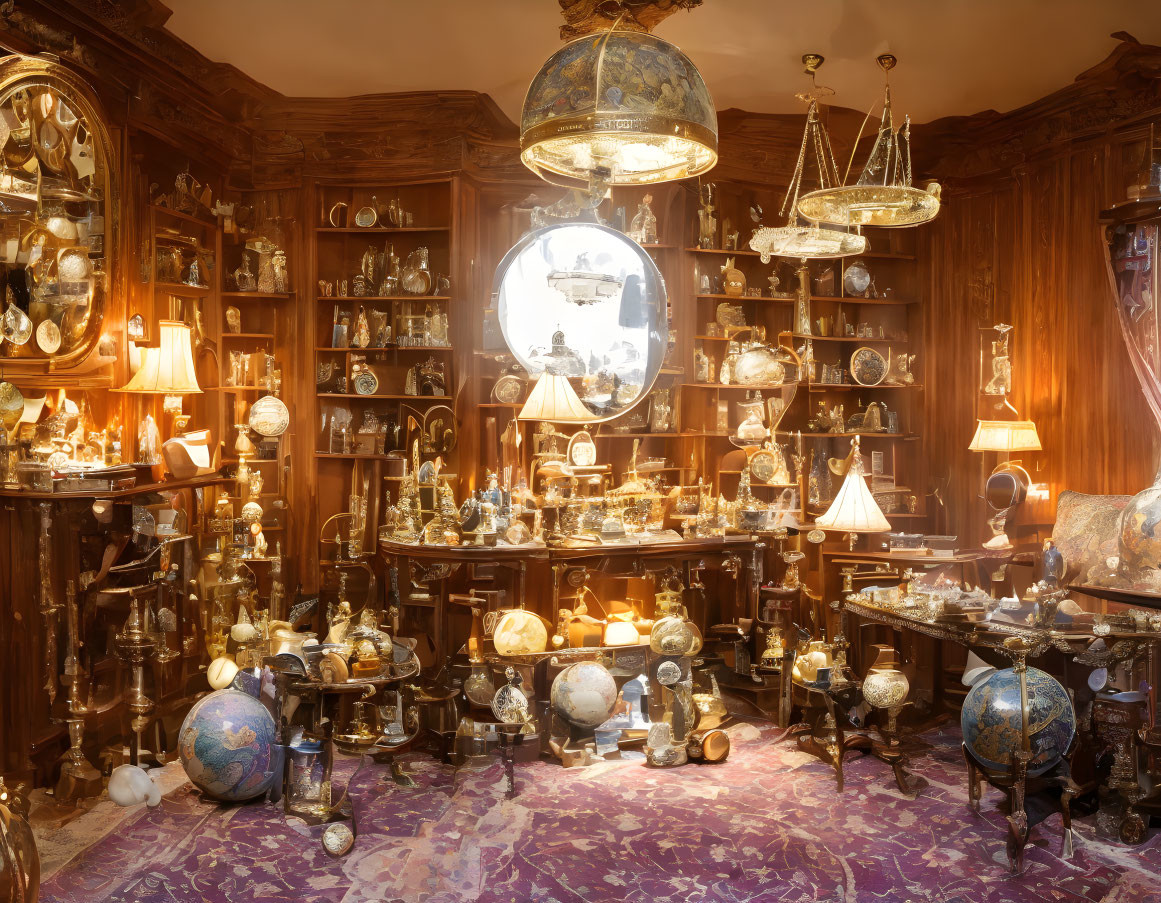 Antique Shop Interior with Wooden Shelves, Globes, Lamps, Mirrors & Collectibles