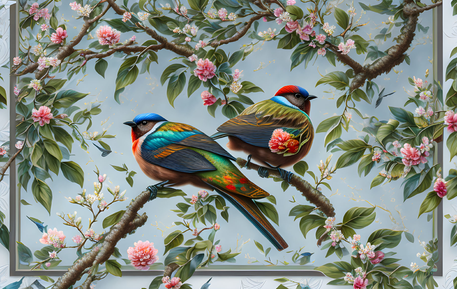 Colorful Birds Perched on Blossoming Branches in Vibrant Image