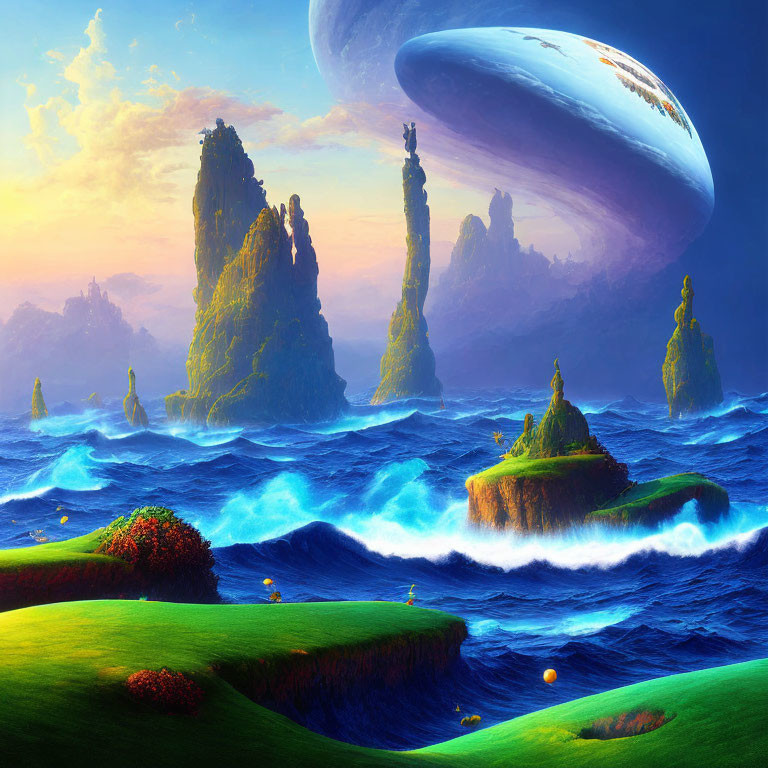 Majestic rock formations by turbulent sea and giant planet in sky