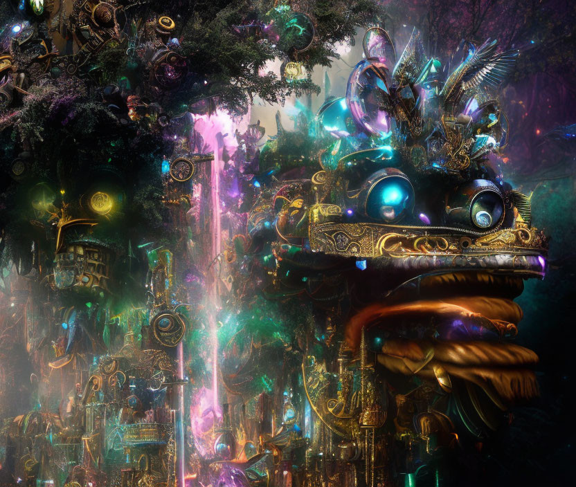 Fantastical scene: Vibrant mechanical dragon in mystical forest