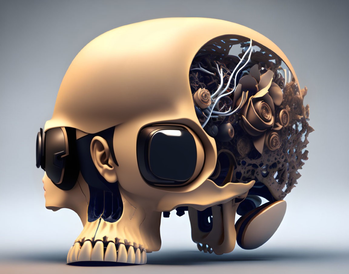 Surreal 3D illustration: Skull with half normal, half mechanical gears and wires.