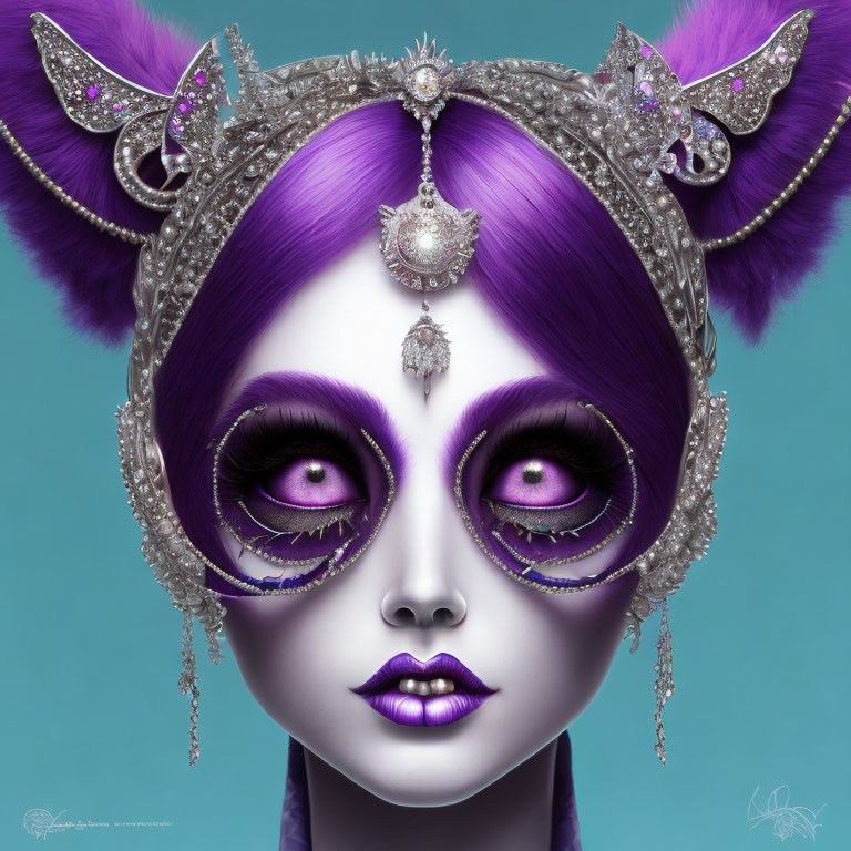 Purple-eyed character with ornate silver headpiece and makeup.