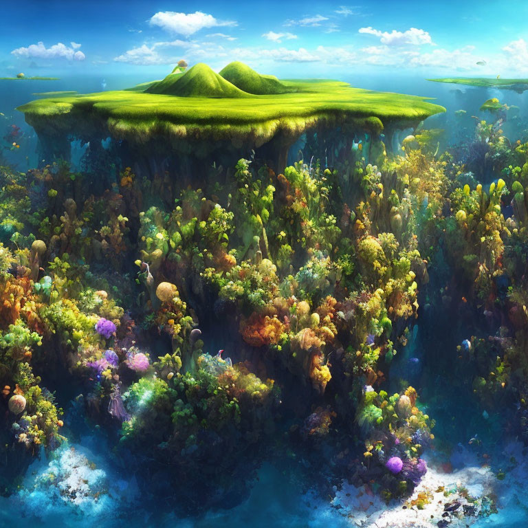 Colorful Coral Reefs and Marine Life Under Small Floating Island