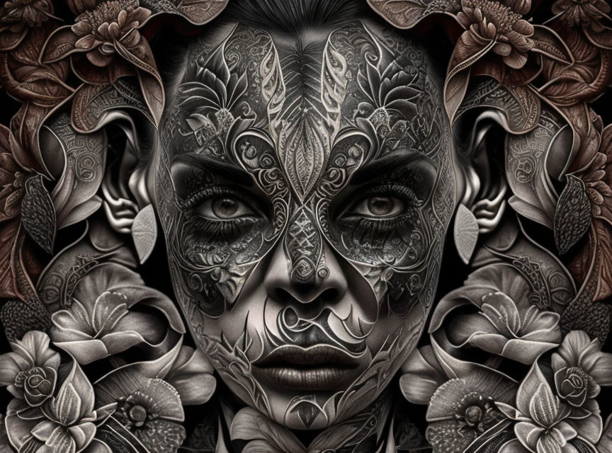 Detailed Monochromatic Symmetrical Face Illustration with Tribal and Floral Motifs