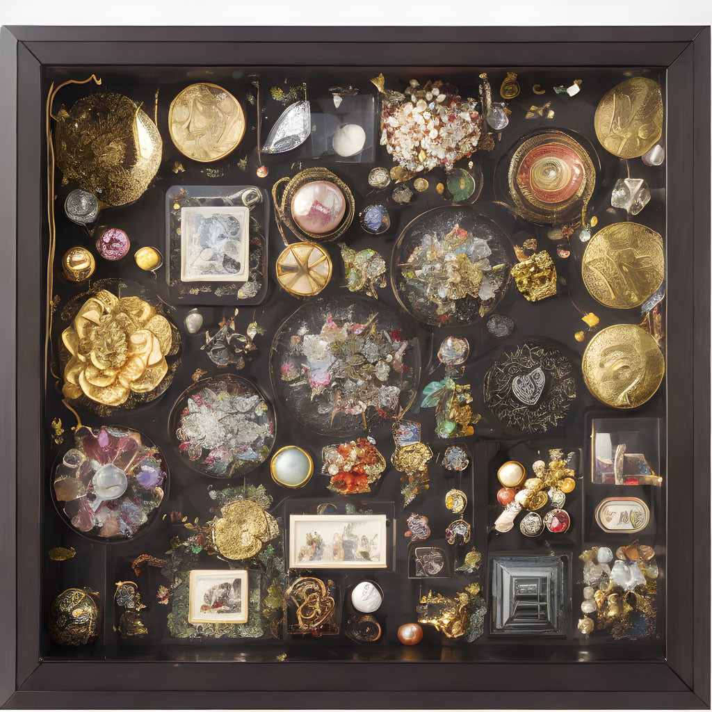 Vintage Jewelry, Coins, and Precious Items in Shadow Box Display