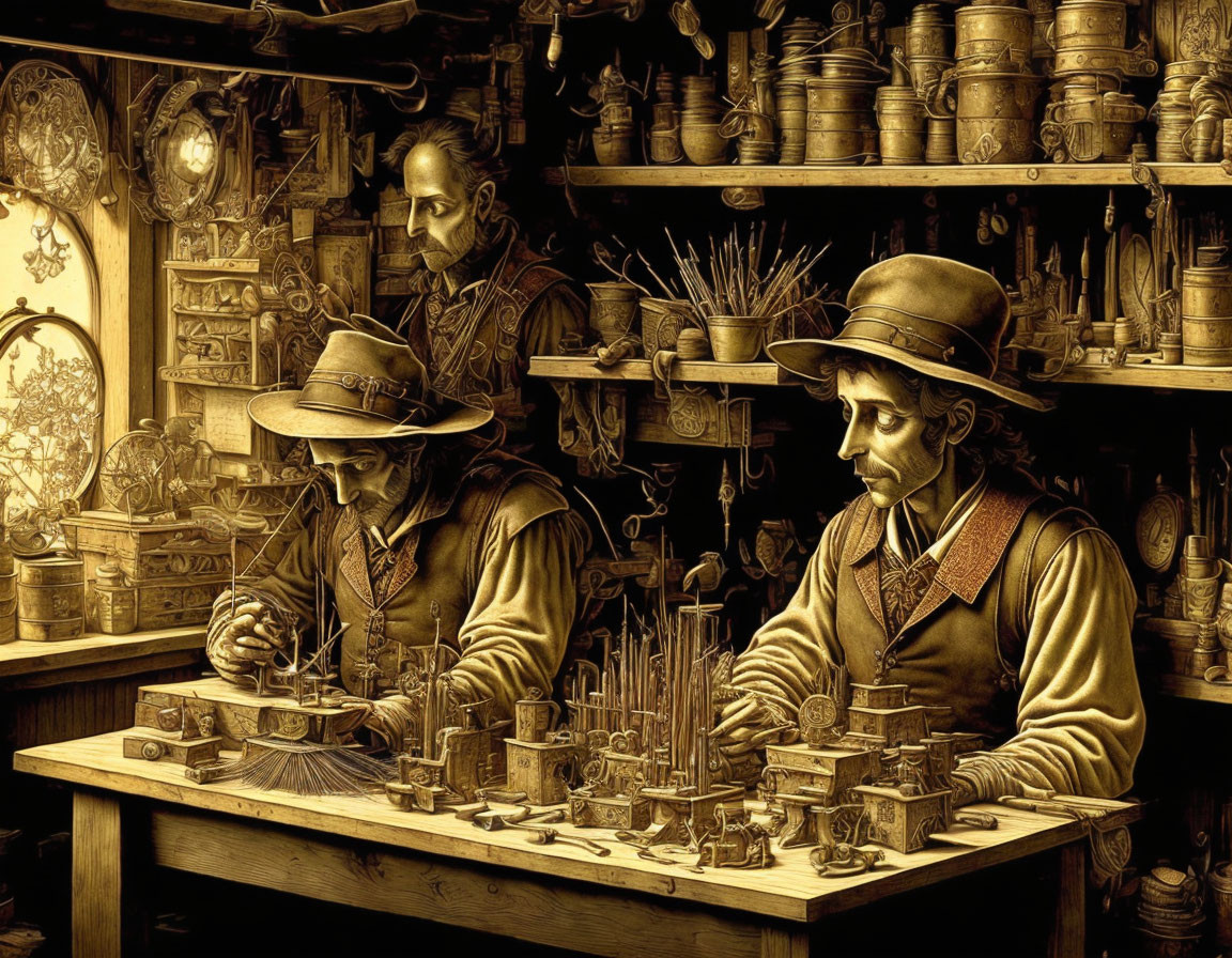 Three individuals in period attire working in candle-lit workshop