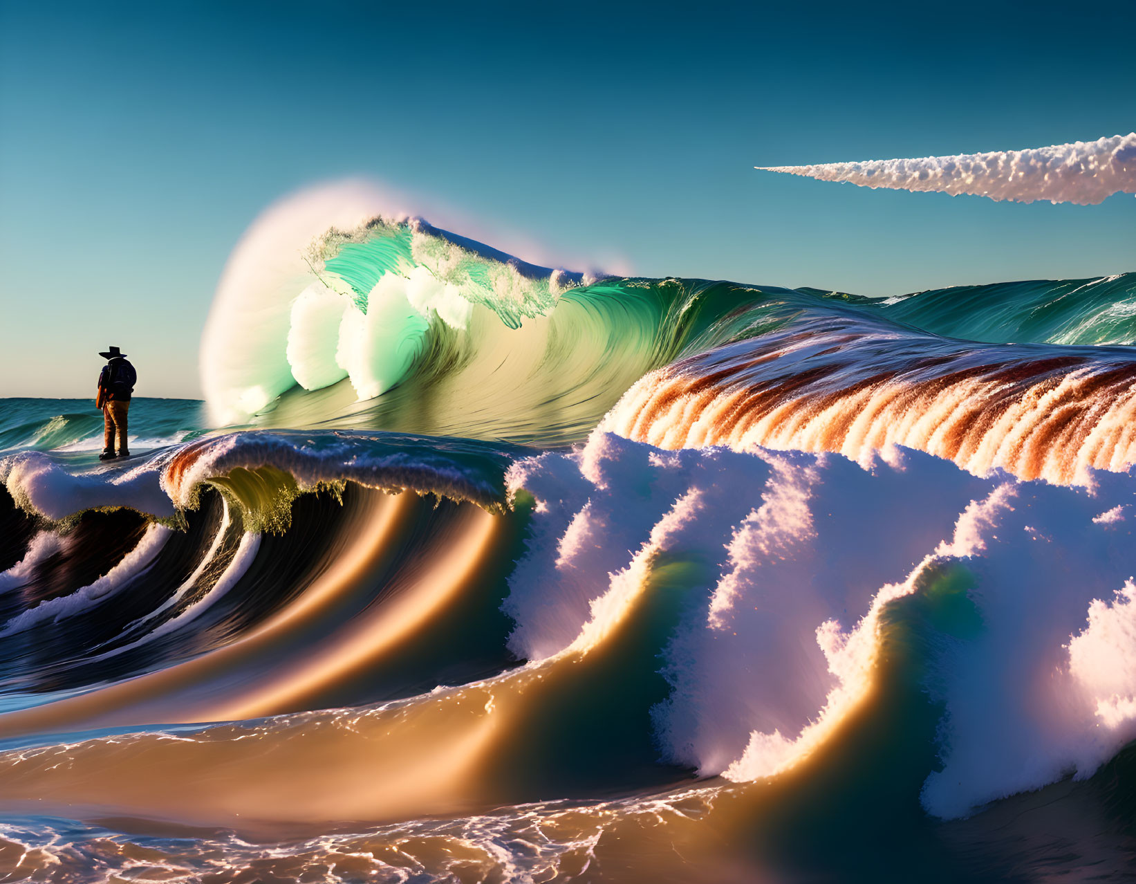 Person capturing layered waves with cresting foam on rock.