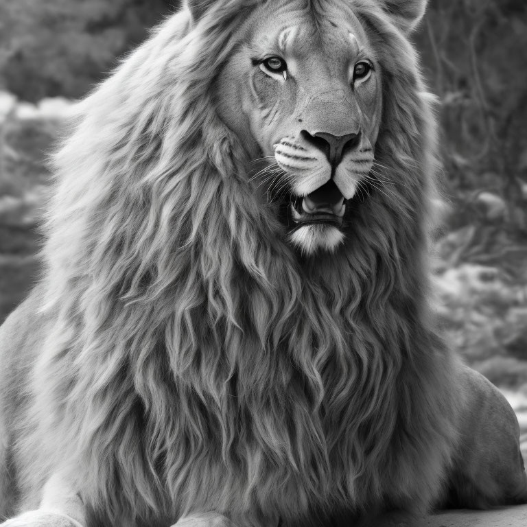 Majestic lion with thick mane in black and white photo