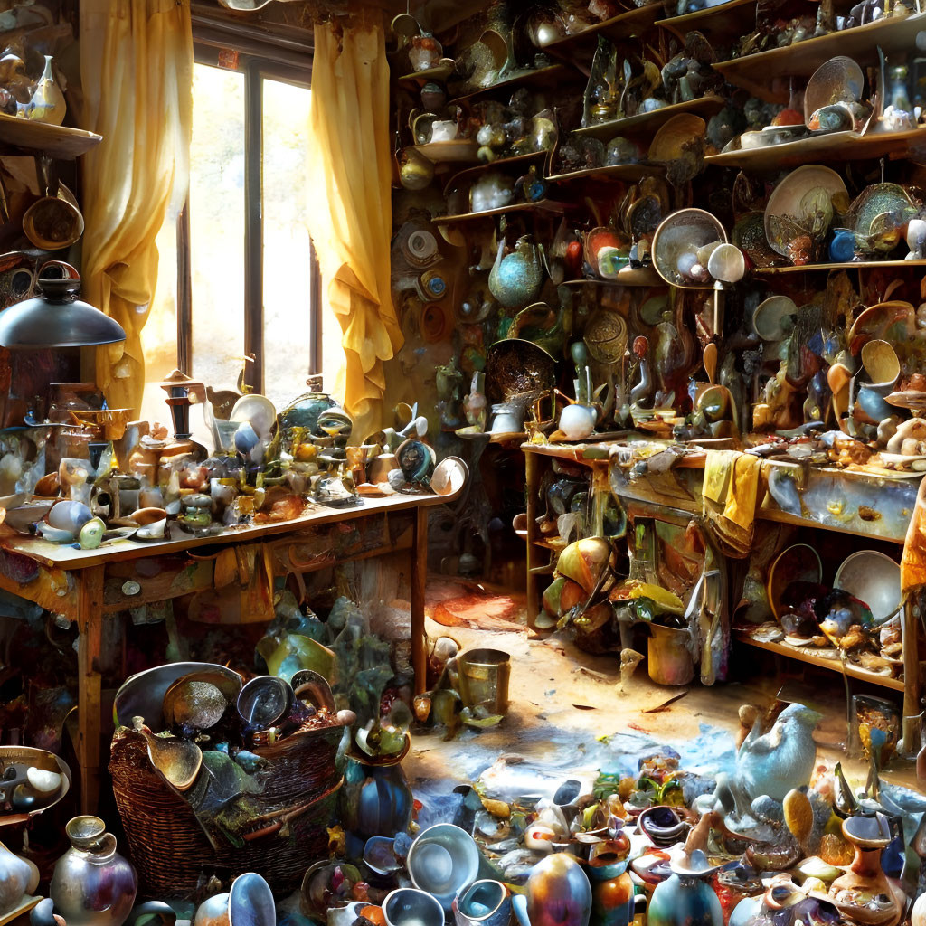 Cluttered Pottery Studio with Ceramic Pieces and Yellow Fabric