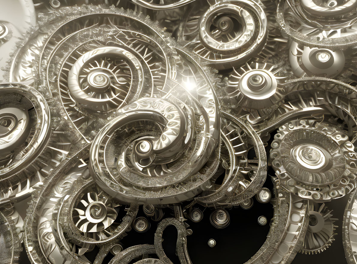 Silver Metallic Gears and Cogs with Spiral Patterns showcasing intricate mechanical detail