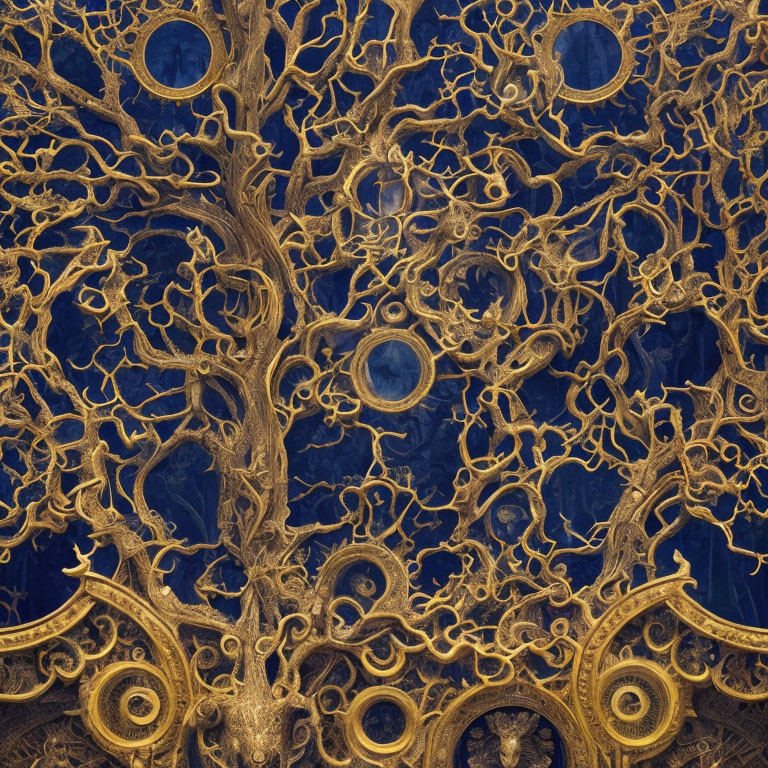 Fractal gold tree pattern on deep blue background