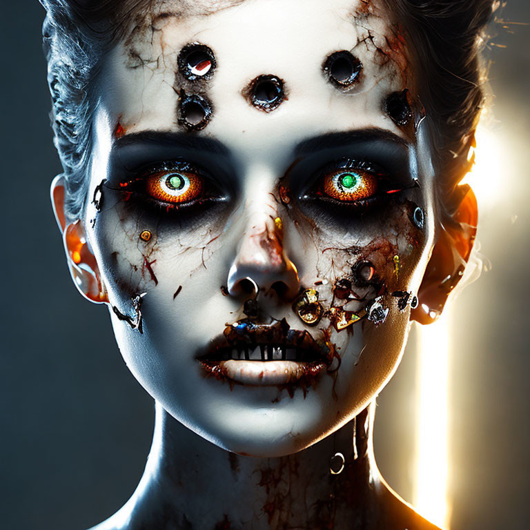 Sinister humanoid face with multiple eyes and bullet holes in dark artwork