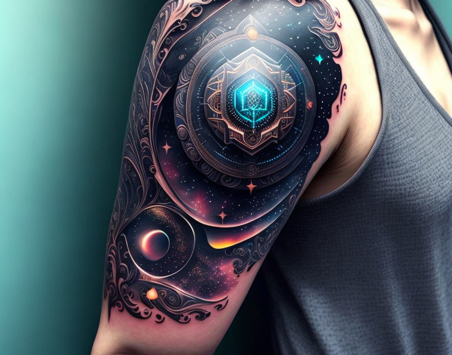 Detailed Cosmic-Themed Upper Arm Tattoo with Celestial Bodies