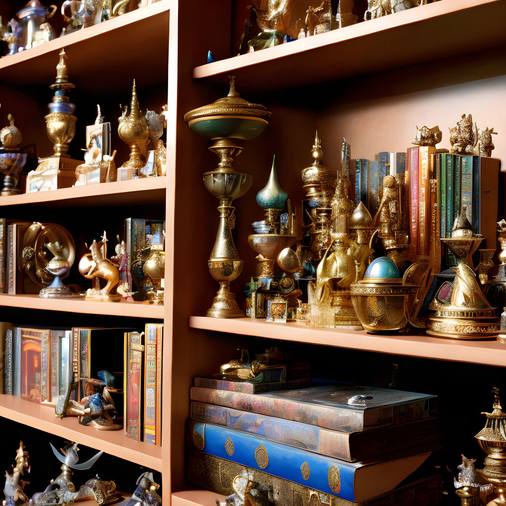 Decorative Bookshelf with Metal Vases, Statues, Books, and Storage Boxes