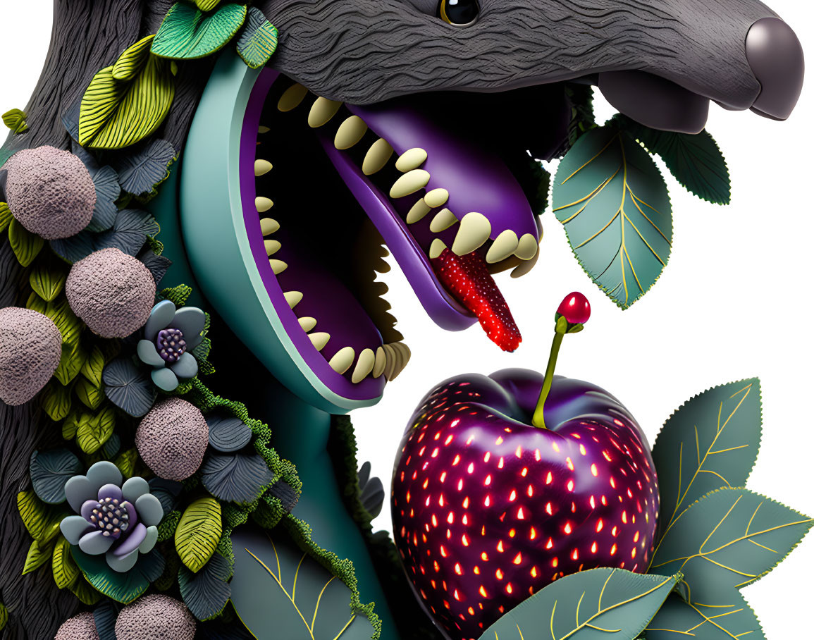 Stylized wolf with open mouth next to giant red apple and small creature