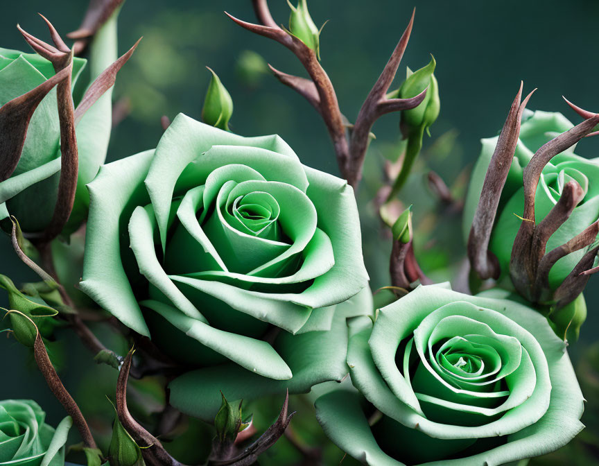 Unique Green Roses with Spiraling Petals and Thorns on Blurred Background