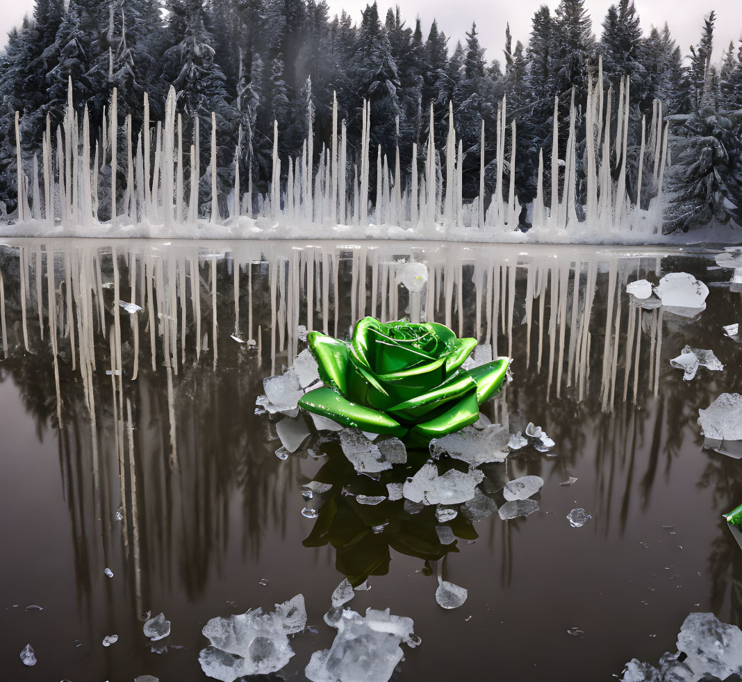 Green glass rose sculpture on icy lake with snowy trees