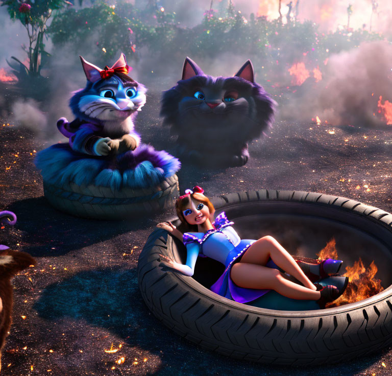 Stylized 3D Illustration of Cats, Girl in Superhero Costume in Fiery Forest