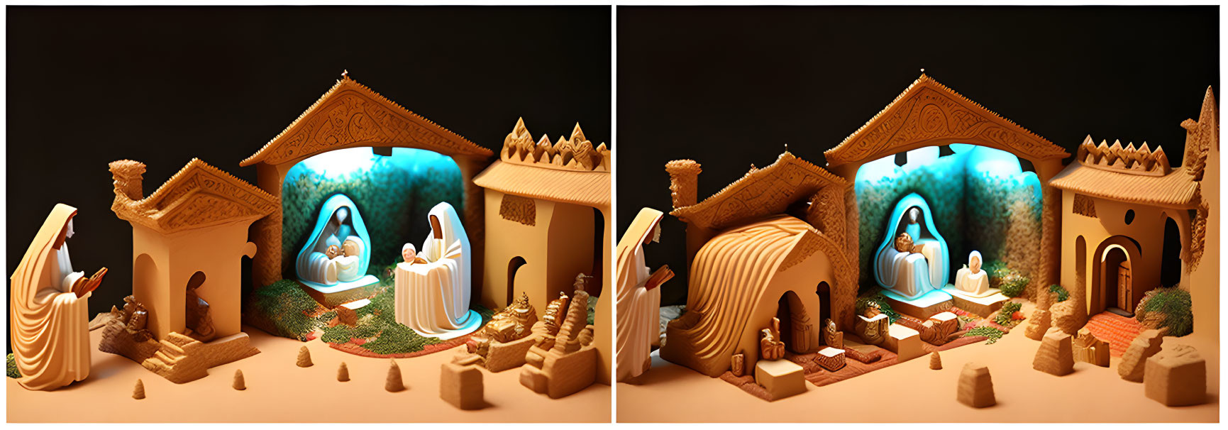 Stylized Nativity Scene Figurines on Blue Background