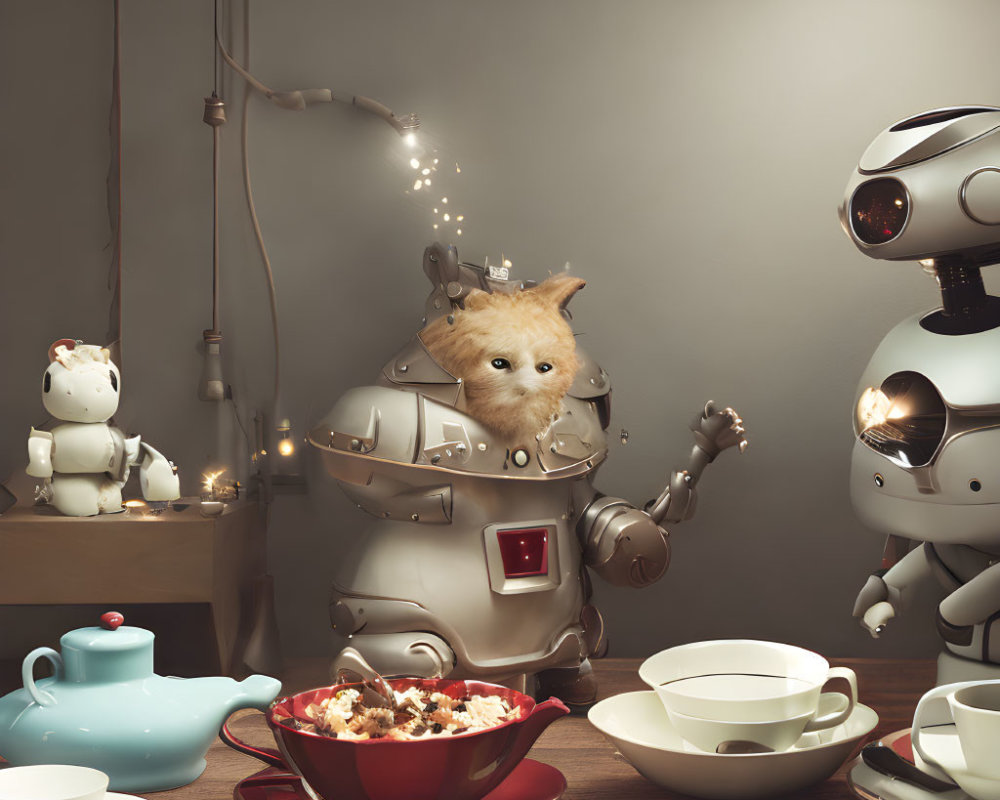 Cat in Knight's Armor Surrounded by Robots at Tea Party